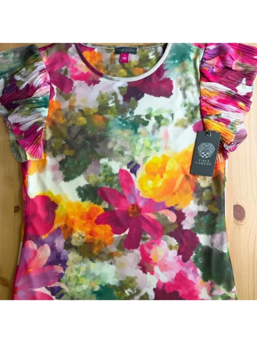 NWT Vince Camuto Floral Mesh Blouse Ruched Pleated Puff Sleeve Top Size Small